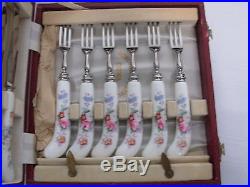 12 Pcs Vtg Royal Crown Derby Posies Porcelain Handle Dessert Forks Knives Mib