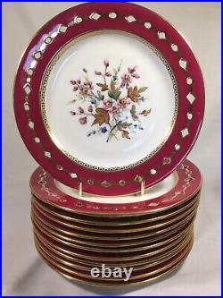 (12) c1877-1890 Royal Crown Derby Red & Floral Reticulated 7 Inch DESSERT PLATES