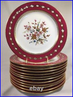 (12) c1877-1890 Royal Crown Derby Red & Floral Reticulated 7 Inch DESSERT PLATES