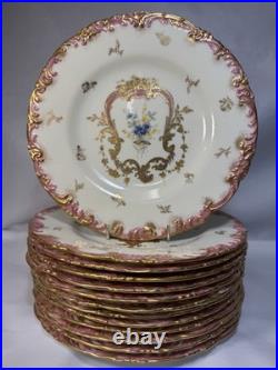 (13) Antique Royal Crown Derby Pink & Gold Hand-Painted Rococo 8.5 Inch PLATES