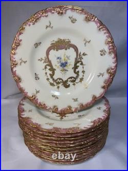 (13) Antique Royal Crown Derby Pink & Gold Hand-Painted Rococo 8.5 Inch PLATES