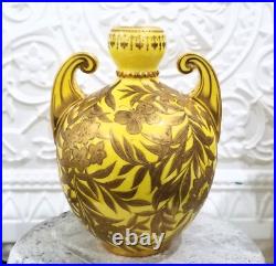 1884 Royal Crown Derby Canary Yellow Gold Gilt Vase Butterfly Leaves Victorian