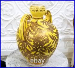 1884 Royal Crown Derby Canary Yellow Gold Gilt Vase Butterfly Leaves Victorian