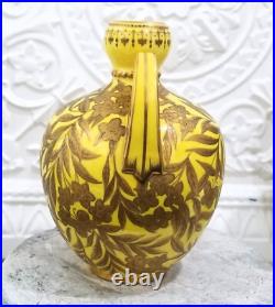 1884 Royal Crown Derby Canary Yellow Gold Gilt Vase Butterfly Leaves Victorian