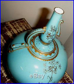 1890s AESTHETIC TURQUOISE BLUE ROYAL CROWN DERBY ONE HANDLED VASE GOLD FLORALS