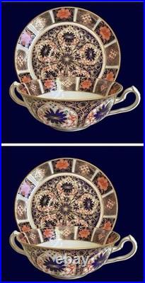 2 1923-53 ROYAL CROWN DERBY 1128 OLD IMARI 2 handle CREAM SOUP BOWLS W PLATES