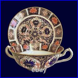 2 1923-53 ROYAL CROWN DERBY 1128 OLD IMARI 2 handle CREAM SOUP BOWLS W PLATES