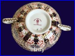 2 1923-53 ROYAL CROWN DERBY 1128 OLD IMARI 2 handle CREAM SOUP BOWLS W PLATES