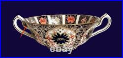 2 1923-53 ROYAL CROWN DERBY 1128 OLD IMARI 2 handle CREAM SOUP BOWLS W PLATES