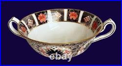 2 1923-53 ROYAL CROWN DERBY 1128 OLD IMARI 2 handle CREAM SOUP BOWLS W PLATES