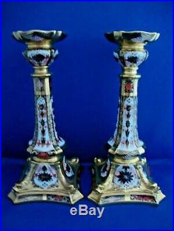 2 Royal Crown Derby Handpainted Imari 1128 Solid Gold Band 10½ inch Candlesticks