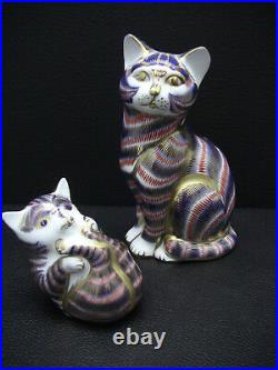 2 Royal Crown Derby Imari Cat Figurines / Sitting Cat 5 1/4 & Cat Playing wTail