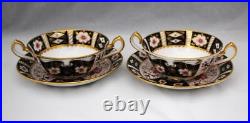 2 Royal Crown Derby Traditional Imari 2451 Cream Soup Bowls and Saucers
