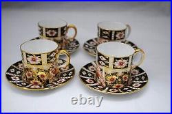 4 Royal Crown Derby Traditional Imari 2451 Demitasse Can Shape Cups and Saucers