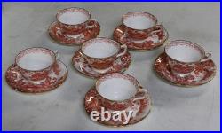 6 ROYAL CROWN DERBY English Bone China A74 Red Aves Cups & Saucers