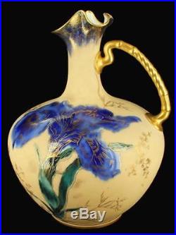 Antique Royal Crown Derby Art Nouveau Cobalt Blue Pitcher Ewer Iris Flower Gilt