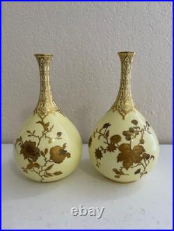 Antique 1885 Royal Crown Derby Porcelain Pair of Yellow Vases with Gold Floral Dec