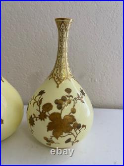 Antique 1885 Royal Crown Derby Porcelain Pair of Yellow Vases with Gold Floral Dec