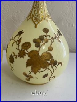 Antique 1885 Royal Crown Derby Porcelain Pair of Yellow Vases with Gold Floral Dec