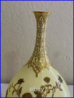 Antique 1885 Royal Crown Derby Porcelain Pair of Yellow Vases with Gold Floral Dec