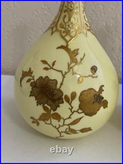 Antique 1885 Royal Crown Derby Porcelain Pair of Yellow Vases with Gold Floral Dec