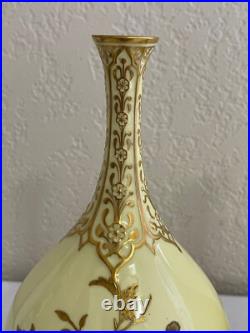 Antique 1885 Royal Crown Derby Porcelain Pair of Yellow Vases with Gold Floral Dec