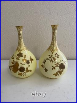 Antique 1885 Royal Crown Derby Porcelain Pair of Yellow Vases with Gold Floral Dec