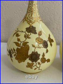 Antique 1885 Royal Crown Derby Porcelain Pair of Yellow Vases with Gold Floral Dec