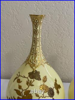 Antique 1885 Royal Crown Derby Porcelain Pair of Yellow Vases with Gold Floral Dec