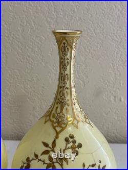 Antique 1885 Royal Crown Derby Porcelain Pair of Yellow Vases with Gold Floral Dec