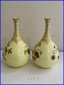 Antique 1885 Royal Crown Derby Porcelain Pair of Yellow Vases with Gold Floral Dec
