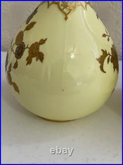 Antique 1885 Royal Crown Derby Porcelain Pair of Yellow Vases with Gold Floral Dec