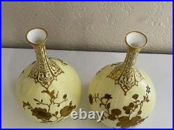 Antique 1885 Royal Crown Derby Porcelain Pair of Yellow Vases with Gold Floral Dec