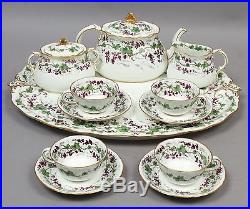 Antique 19c English Royal Crown Derby Grapes & Vines Porcelain Tea Set with Tray