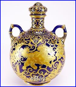 Antique 19th Century Royal Crown Derby Hand Painted Gold Foo Dog Cobalt Jar
