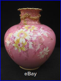 Antique 19thC Royal Crown Derby Pink Moulded Vase with Floral Decoration. C. 1890