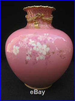 Antique 19thC Royal Crown Derby Pink Moulded Vase with Floral Decoration. C. 1890