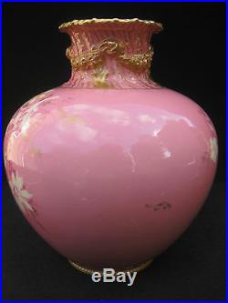 Antique 19thC Royal Crown Derby Pink Moulded Vase with Floral Decoration. C. 1890