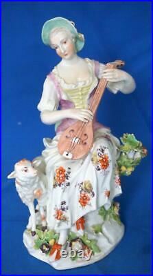 Antique Derby Porcelain Figure of a Shepherdess Playing a Lute 18C