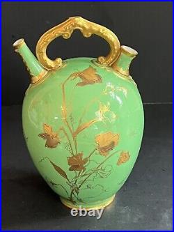 Antique English Royal Crown Derby Gold Gilt Green Art Nouveau Water Vessel Vase