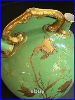 Antique English Royal Crown Derby Gold Gilt Green Art Nouveau Water Vessel Vase