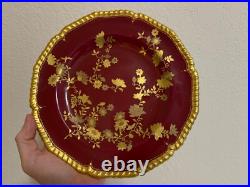 Antique Royal Crown Derby 1887 Porcelain Plate with Ruby Red & Gold Floral Design