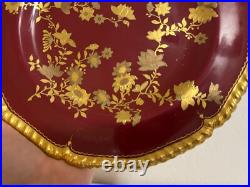 Antique Royal Crown Derby 1887 Porcelain Plate with Ruby Red & Gold Floral Design