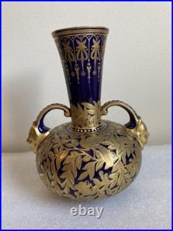 Antique Royal Crown Derby Cobalt Blue/Gold Double-Handle Bulbous Vase As Is