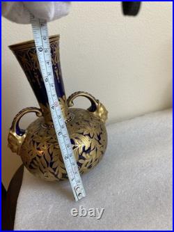 Antique Royal Crown Derby Cobalt Blue/Gold Double-Handle Bulbous Vase As Is