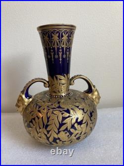 Antique Royal Crown Derby Cobalt Blue/Gold Double-Handle Bulbous Vase As Is