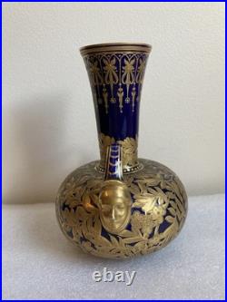 Antique Royal Crown Derby Cobalt Blue/Gold Double-Handle Bulbous Vase As Is