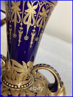 Antique Royal Crown Derby Cobalt Blue/Gold Double-Handle Bulbous Vase As Is