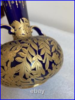 Antique Royal Crown Derby Cobalt Blue/Gold Double-Handle Bulbous Vase As Is