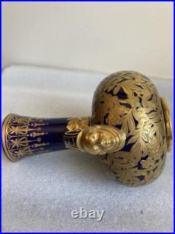 Antique Royal Crown Derby Cobalt Blue/Gold Double-Handle Bulbous Vase As Is